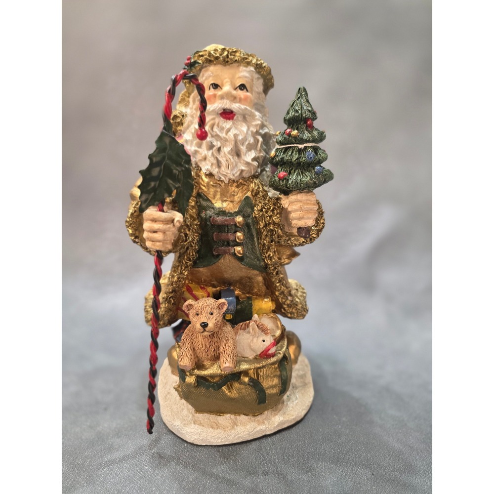 Vintage Style Gold Resin Santa Claus Figurine with Toy Sack and Staff Decor